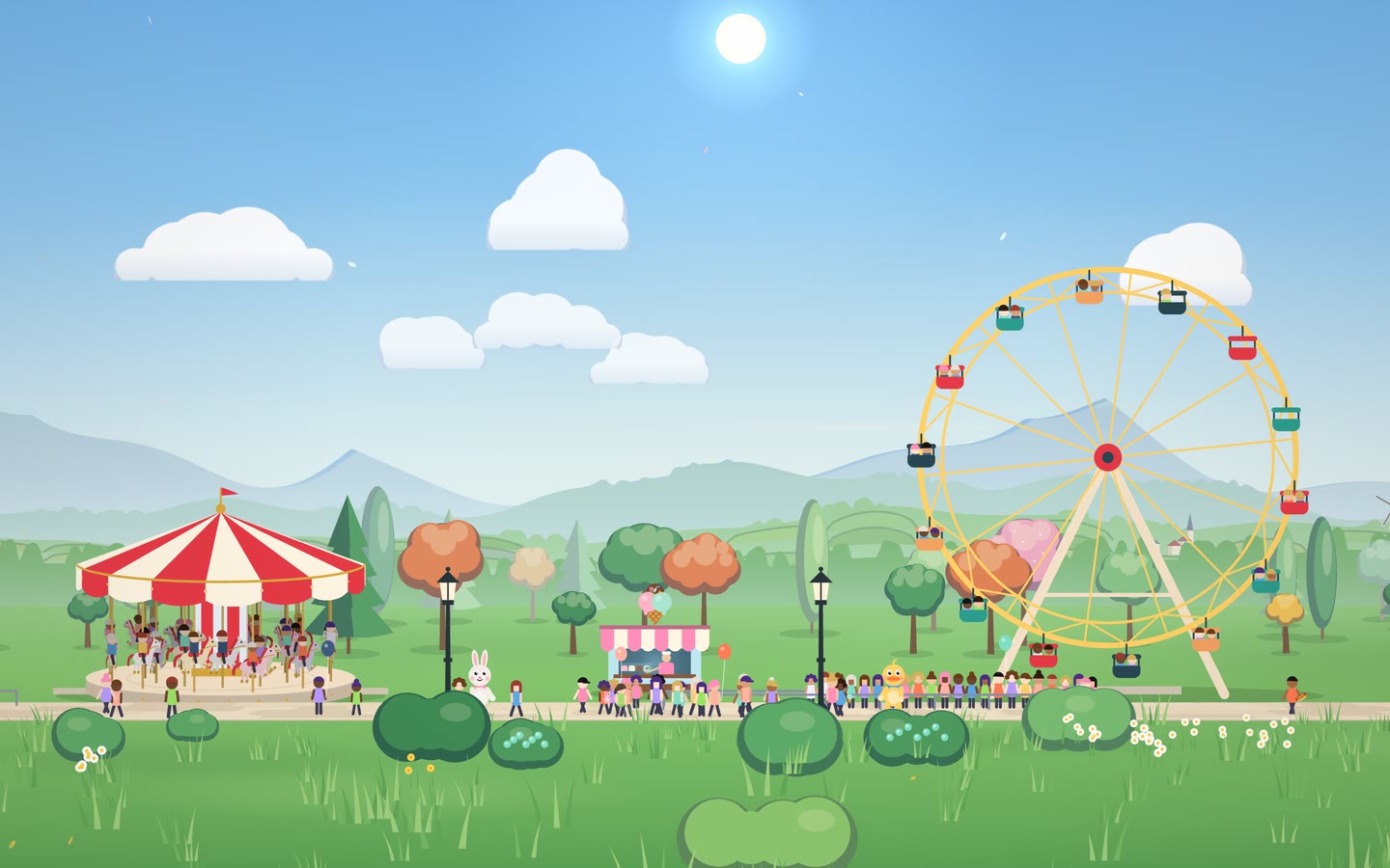 A carousel, an ice cream stand and a ferris wheel along the path, with a crowd queuing and performers in costume among them.