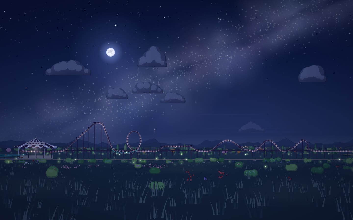 The park at night: coaster track outlined in lights, lamps along the path, and a sky full of stars.